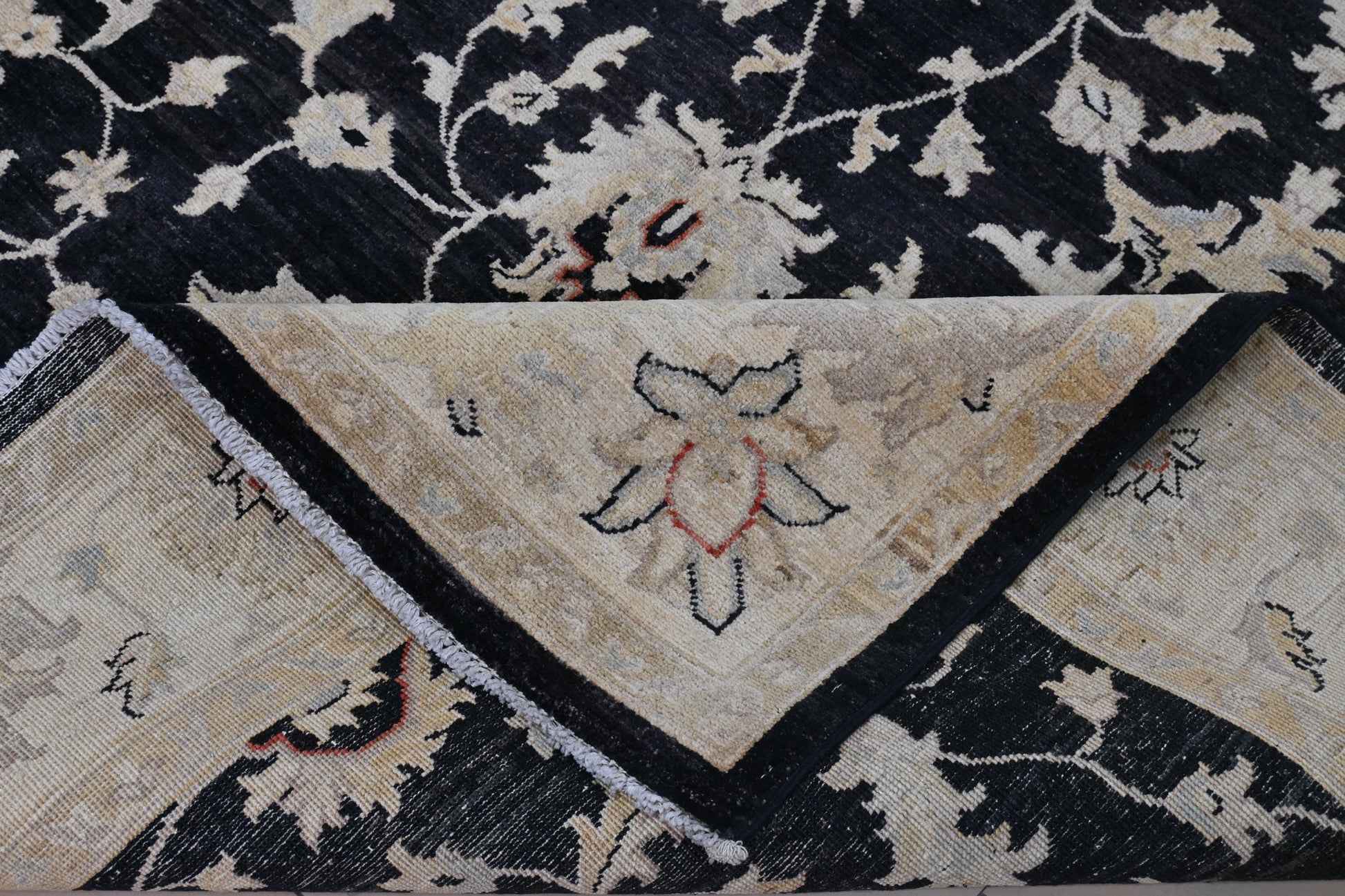 Close-up of 6x9 Handmade Black and Beige Ziegler Chobi Wool Rug