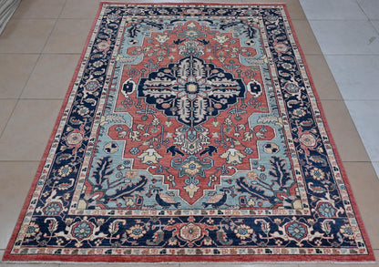 6x9 ft -Handmade Heriz Serapi Rug – Red Blue Wool Area Carpet – Oriental Medallion Rug for Living Room, Bedroom or office