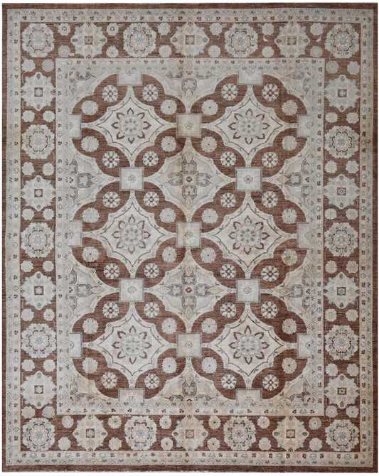 8x10ft| Brown & Ivory Handmade Oushak Rug | Vintage Turkish Style Wool Carpet | Traditional Floral Medallion Area Rug for Neutral Home Decor