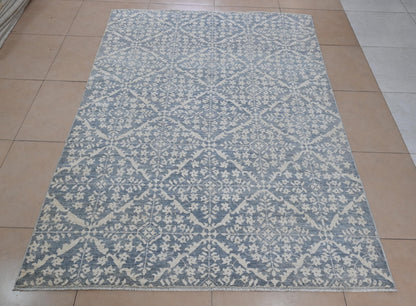 6x9 Blue and Ivory Wool Area Rug – Hand Knotted Geometric Distressed Vintage Style Carpet, Afghan Rug, Modern Farmhouse Living Room Rug