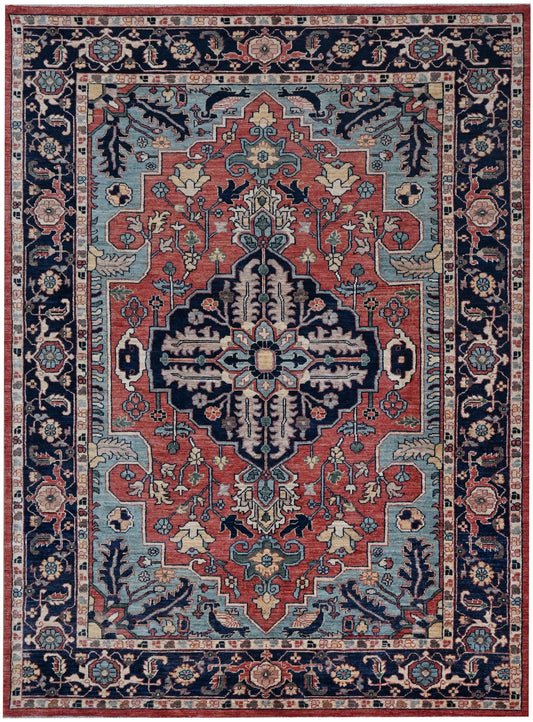 6x9 ft -Handmade Heriz Serapi Rug – Red Blue Wool Area Carpet – Oriental Medallion Rug for Living Room, Bedroom or office