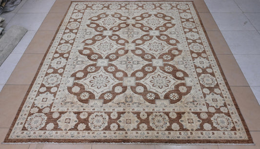 8x10ft| Brown & Ivory Handmade Oushak Rug | Vintage Turkish Style Wool Carpet | Traditional Floral Medallion Area Rug for Neutral Home Decor