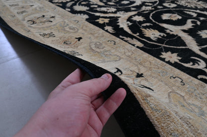 9x12 Black and Beige Ziegler Chobi Area Rug – Hand-Knotted Wool Persian Style Carpet – Traditional Floral Rug for Living Room or Dining Room