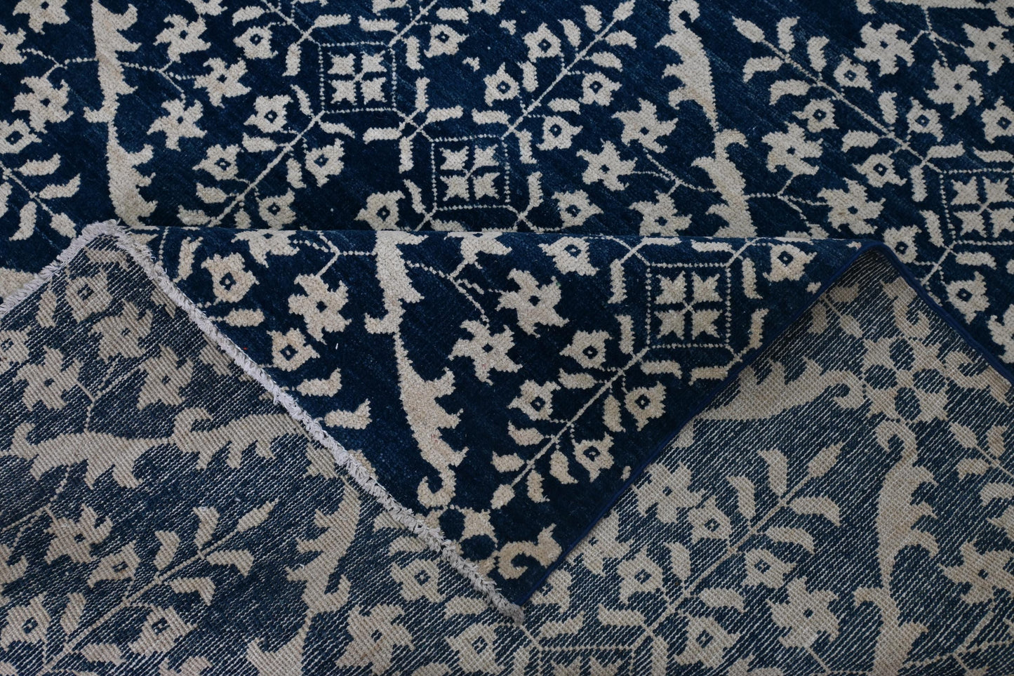 6x9 Blue and Ivory Geometric Floral Rug – Hand-Knotted Oriental Style Area Carpet – Modern Boho Living Room Rug – Free Shipping- Bedroom Rug