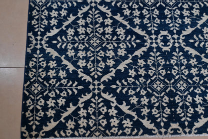 6x9 Blue and Ivory Geometric Floral Rug – Hand-Knotted Oriental Style Area Carpet – Modern Boho Living Room Rug – Free Shipping- Bedroom Rug