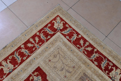 7x10 ft | Handmade Geometric Oriental Rug | Red Blue Beige Ziegler Design Wool Area Rug | Tribal Boho Decor | Afghan Chobi Rug| "6'5x9'11"