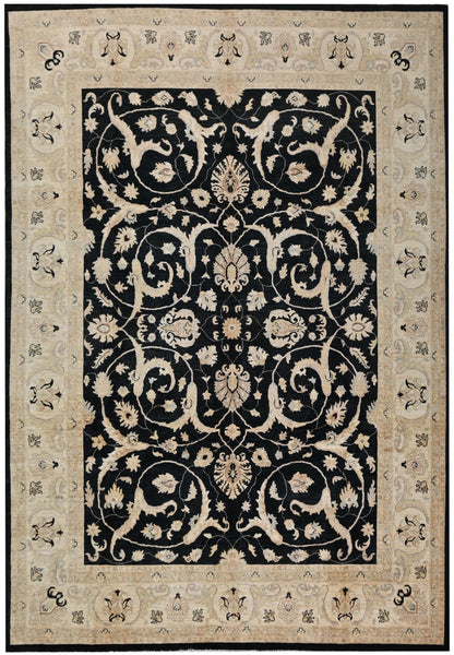 9x12 Black and Beige Ziegler Chobi Area Rug – Hand-Knotted Wool Persian Style Carpet – Traditional Floral Rug for Living Room or Dining Room