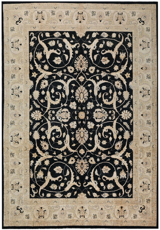 9x12 Black and Beige Ziegler Chobi Area Rug – Hand-Knotted Wool Persian Style Carpet – Traditional Floral Rug for Living Room or Dining Room