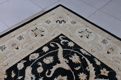 9x12 Black and Beige Ziegler Chobi Area Rug – Hand-Knotted Wool Persian Style Carpet – Traditional Floral Rug for Living Room or Dining Room