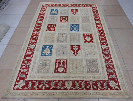 7x10 ft | Handmade Geometric Oriental Rug | Red Blue Beige Ziegler Design Wool Area Rug | Tribal Boho Decor | Afghan Chobi Rug| "6'5x9'11"