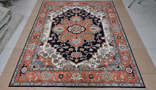 8x10 Handmade Persian Style Heriz | Navy & Rust Medallion Area Rug | Oriental Wool Rug | Vintage-Inspired Carpet for Living Room or Bedroom|