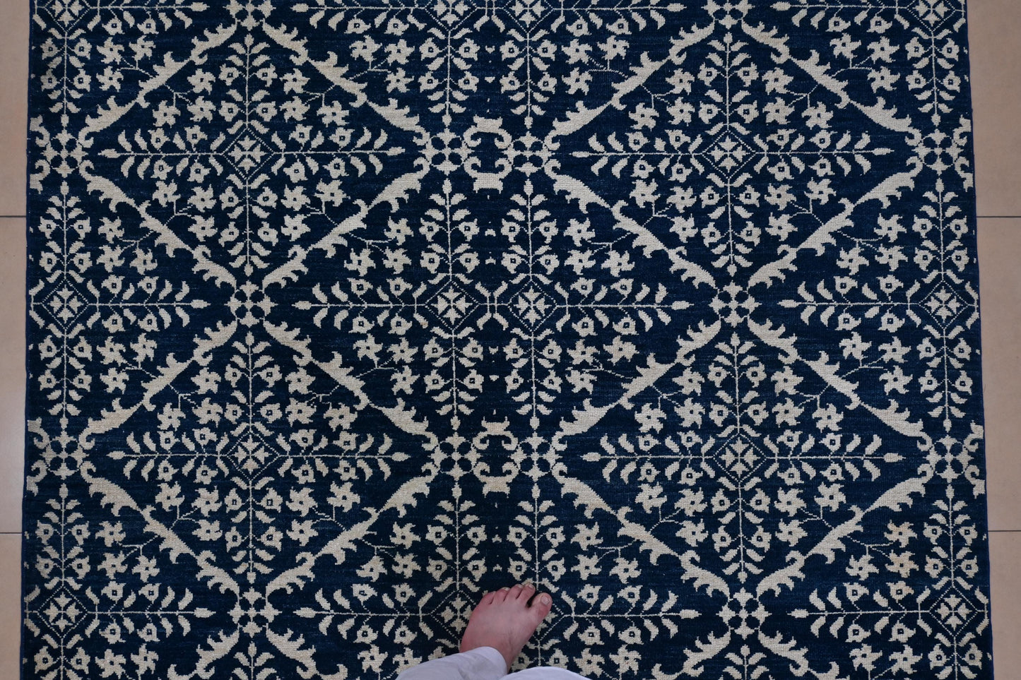 6x9 Blue and Ivory Geometric Floral Rug – Hand-Knotted Oriental Style Area Carpet – Modern Boho Living Room Rug – Free Shipping- Bedroom Rug