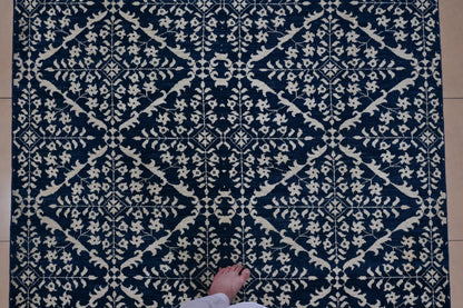 6x9 Blue and Ivory Geometric Floral Rug – Hand-Knotted Oriental Style Area Carpet – Modern Boho Living Room Rug – Free Shipping- Bedroom Rug