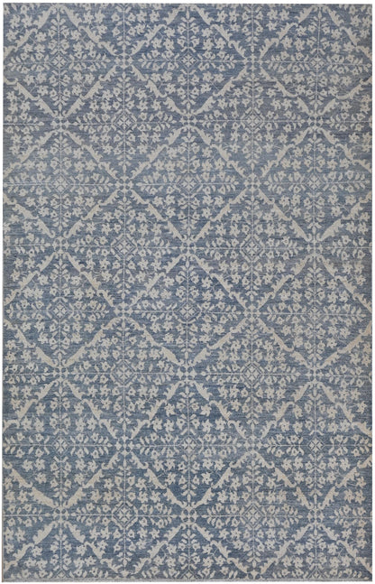 6x9 Blue and Ivory Wool Area Rug – Hand Knotted Geometric Distressed Vintage Style Carpet, Afghan Rug, Modern Farmhouse Living Room Rug