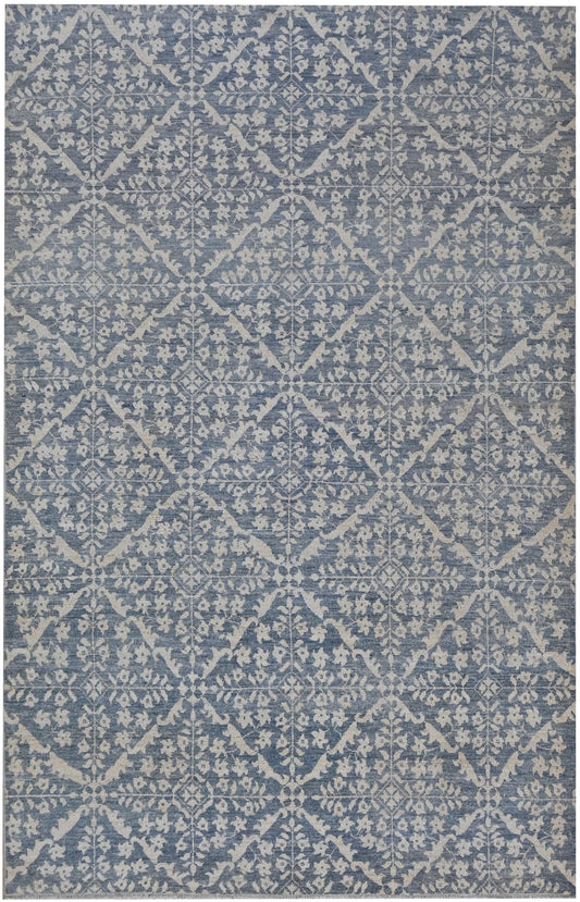 6x9 Blue and Ivory Wool Area Rug – Hand Knotted Geometric Distressed Vintage Style Carpet, Afghan Rug, Modern Farmhouse Living Room Rug