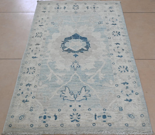 3x5  Handmade Blue & Grey Afghan Vegdye Wool Rug | Vintage-Inspired Oushak Design | Soft Boho Oriental Area Rug | Neutral Living Room Decor