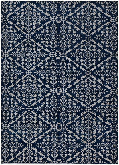 6x9 Blue and Ivory Geometric Floral Rug – Hand-Knotted Oriental Style Area Carpet – Modern Boho Living Room Rug – Free Shipping- Bedroom Rug
