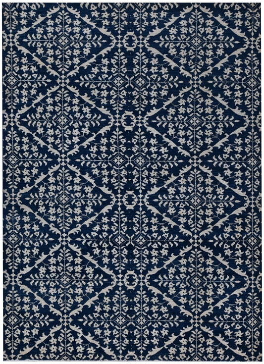 6x9 Blue and Ivory Geometric Floral Rug – Hand-Knotted Oriental Style Area Carpet – Modern Boho Living Room Rug – Free Shipping- Bedroom Rug
