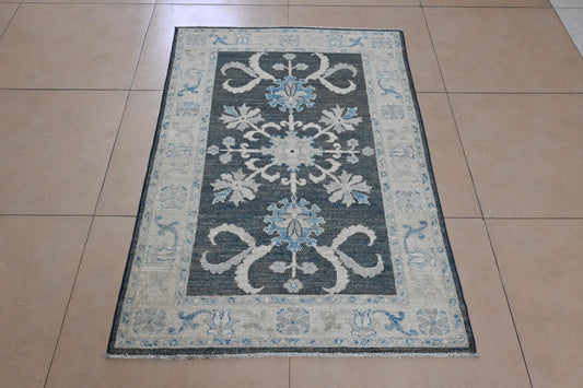 3x5 Handmade Oushak Afghan Charcoal & Blue Wool Rug - Bedroom Rug - Oriental Rug - Rug for Living Room - Handspun Wool - ''3'1x4'11''