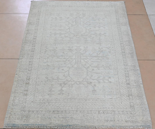 3x5 Handmade Muted Khotan Rug – Light Neutral Wool Afghan Carpet, Subtle Distressed Vintage Look, Vegdye wool, Minimalist Boho Decor Rug