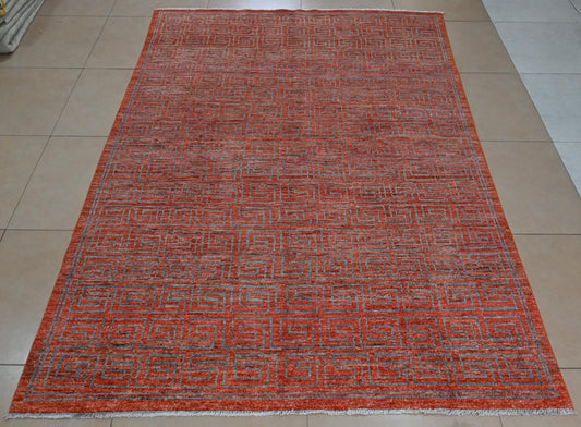 6x9 Red Greek Key Rug – Red Wool Area Carpet – Modern Geometric Gabbeh–Boho Veg Dye Oriental Rug for Living Room, Bedroom or Office 5'9x8'8"
