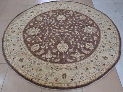 8x8 ft | Round Chobi Wool Rug | Handmade Traditional Floral Rug in Beige & Brown | Oriental Circle Area Carpet for Living Room or Entryway