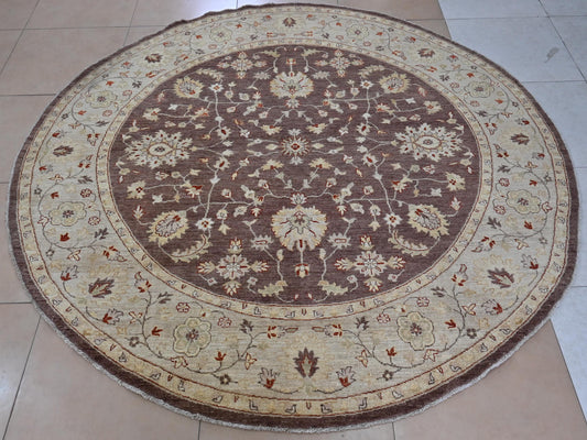 8x8 ft | Round Chobi Wool Rug | Handmade Traditional Floral Rug in Beige & Brown | Oriental Circle Area Carpet for Living Room or Entryway