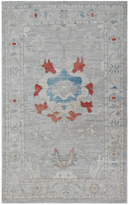 3x5 Handmade Gray Oushak Rug –  Turkish Wool Rug with Red & Blue Accents, Vintage Style Area Carpet, Boho Neutral Home Decor