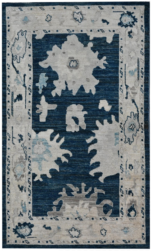 3x5 – Handmade Blue and Ivory Oushak Rug – Vintage Inspired Wool Area Rug | Turkish Style Oriental Carpet | Boho Tribal Rug for Living Room