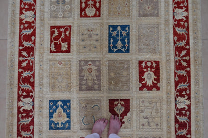 7x10 ft | Handmade Geometric Oriental Rug | Red Blue Beige Ziegler Design Wool Area Rug | Tribal Boho Decor | Afghan Chobi Rug| "6'5x9'11"