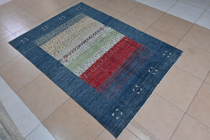 6x8 ft Handmade Modern Gabbeh Rug | Blue Red Abstract Geometric Wool Rug |Tribal Boho Rug | Bedroom And Living Room Accent Rug |"5'8x7'11"