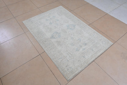 3x5 Handmade Afghan Oushak Rug – Light Beige & Blue Wool Area Rug | Vintage Turkish Style Carpet | Neutral Boho Entryway Rug | Muted Rug