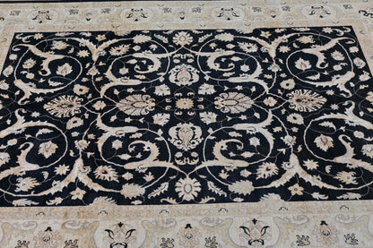 9x12 Black and Beige Ziegler Chobi Area Rug – Hand-Knotted Wool Persian Style Carpet – Traditional Floral Rug for Living Room or Dining Room