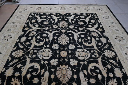 9x12 Black and Beige Ziegler Chobi Area Rug – Hand-Knotted Wool Persian Style Carpet – Traditional Floral Rug for Living Room or Dining Room