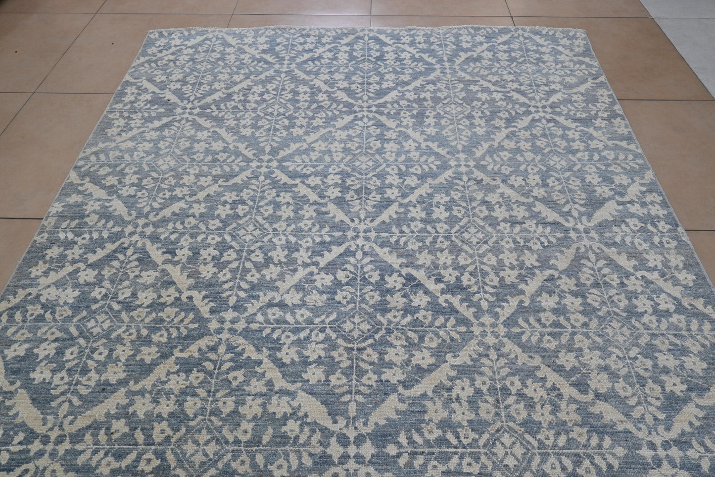 6x9 Blue and Ivory Wool Area Rug – Hand Knotted Geometric Distressed Vintage Style Carpet, Afghan Rug, Modern Farmhouse Living Room Rug
