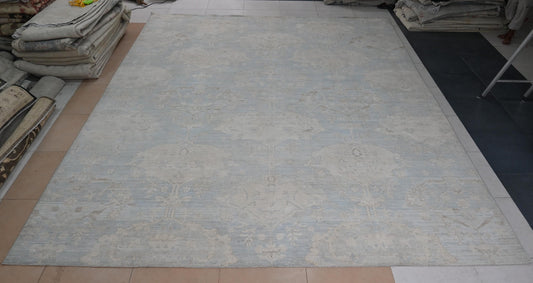 12X15 Light Blue Vintage Distressed Wool Rug - Hand-Knotted Floral Medallion Area Carpet - Neutral Farmhouse Living Room Decor - Vegdye Rug