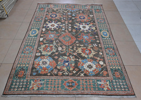 6x9 Handmade Afghan Oushak Floral Rug – Charcoal Green Multicolor Wool Carpet – Oriental Boho Area Rug for Living Room Decor| 5'11x8'8"