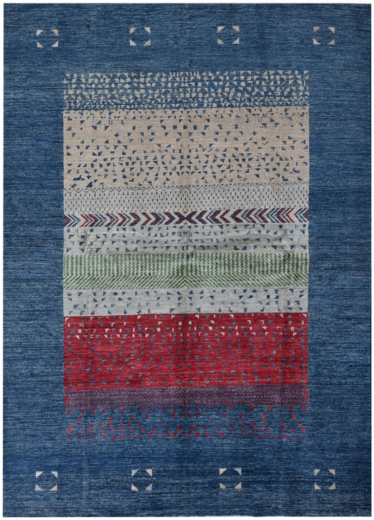 6x8 ft Handmade Modern Gabbeh Rug | Blue Red Abstract Geometric Wool Rug |Tribal Boho Rug | Bedroom And Living Room Accent Rug |"5'8x7'11"