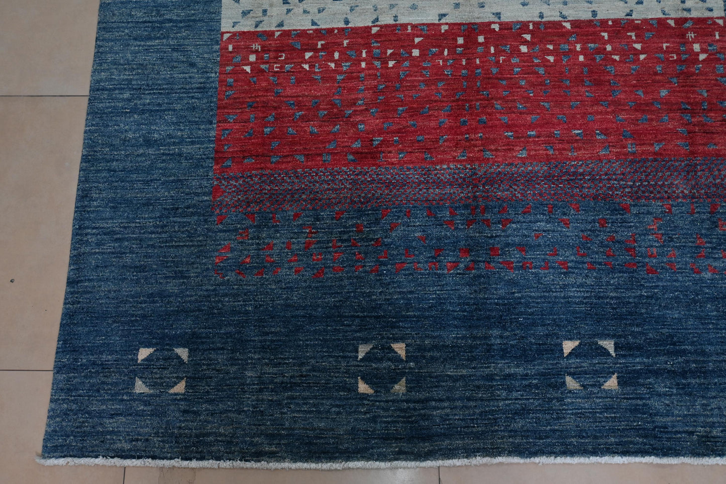 6x8 ft Handmade Modern Gabbeh Rug | Blue Red Abstract Geometric Wool Rug |Tribal Boho Rug | Bedroom And Living Room Accent Rug |"5'8x7'11"