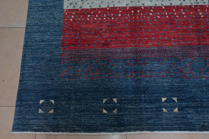 6x8 ft Handmade Modern Gabbeh Rug | Blue Red Abstract Geometric Wool Rug |Tribal Boho Rug | Bedroom And Living Room Accent Rug |"5'8x7'11"