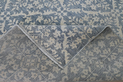 6x9 Blue and Ivory Wool Area Rug – Hand Knotted Geometric Distressed Vintage Style Carpet, Afghan Rug, Modern Farmhouse Living Room Rug
