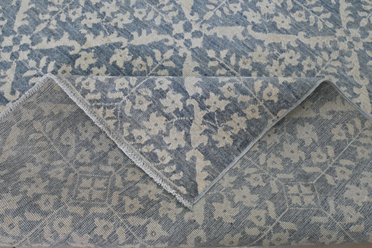 6x9 Blue and Ivory Wool Area Rug – Hand Knotted Geometric Distressed Vintage Style Carpet, Afghan Rug, Modern Farmhouse Living Room Rug