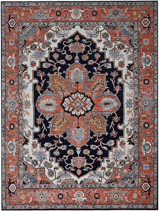 8x10 Handmade Persian Style Heriz | Navy & Rust Medallion Area Rug | Oriental Wool Rug | Vintage-Inspired Carpet for Living Room or Bedroom|