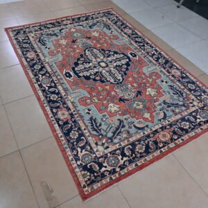 6x9 hand knotted heriz serapi wool rug, red blue medallion
