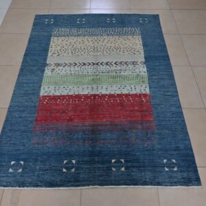 6x8 handmade wool gabbeh rug | blue red abstract geometric design